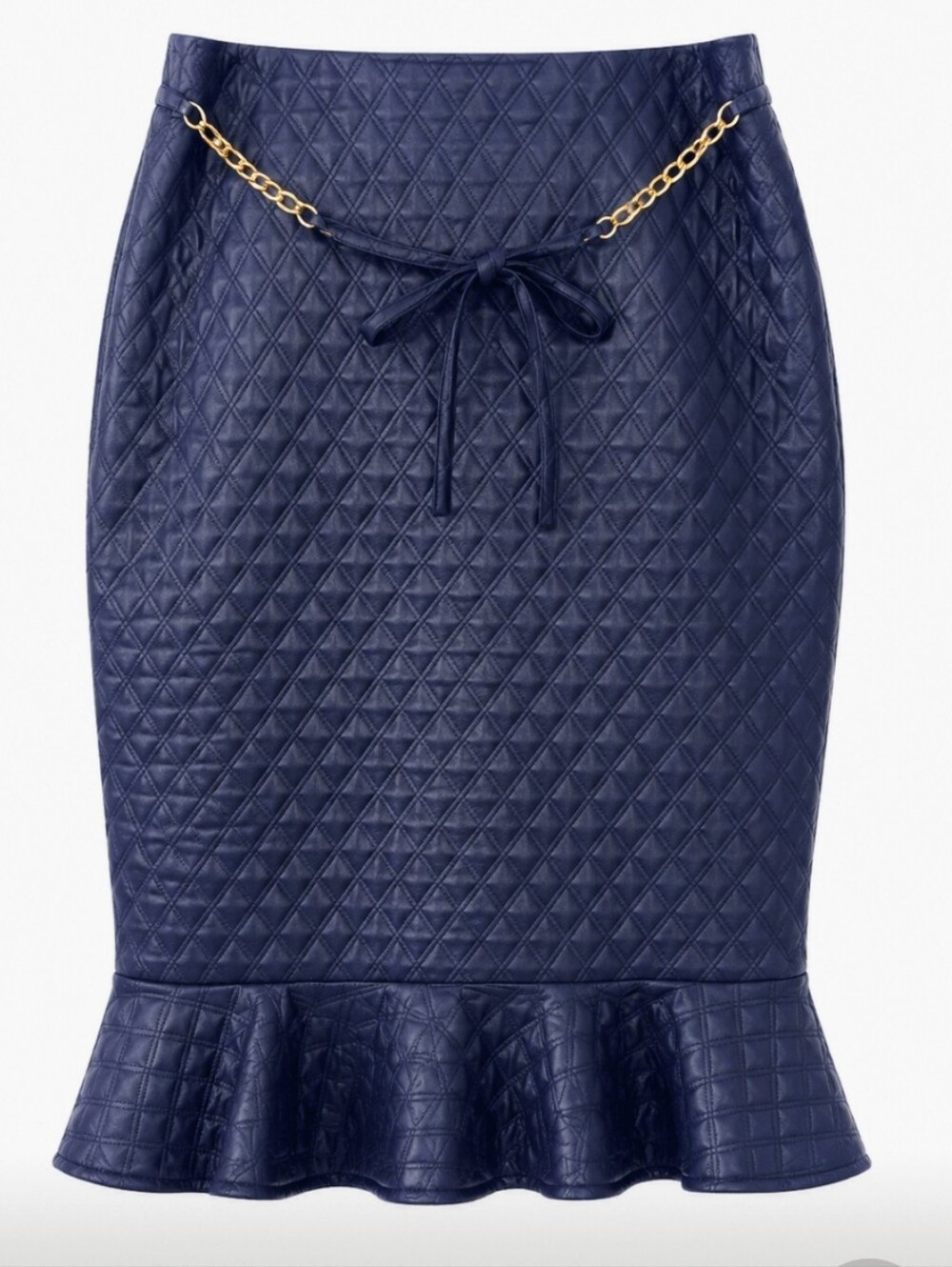 Quilted Navy Midi Pencil Skirt with Ruffle Hem and Chain Accent
